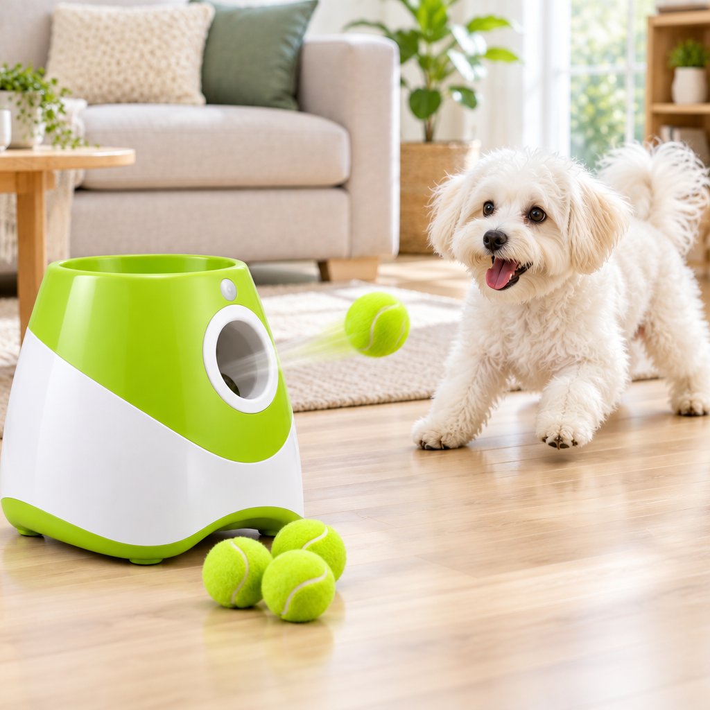 Maltipoo playing with The Fetch Machine in a living room