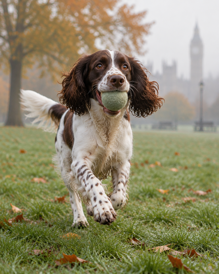 Springer spaniel running with a felt ball in a London park
