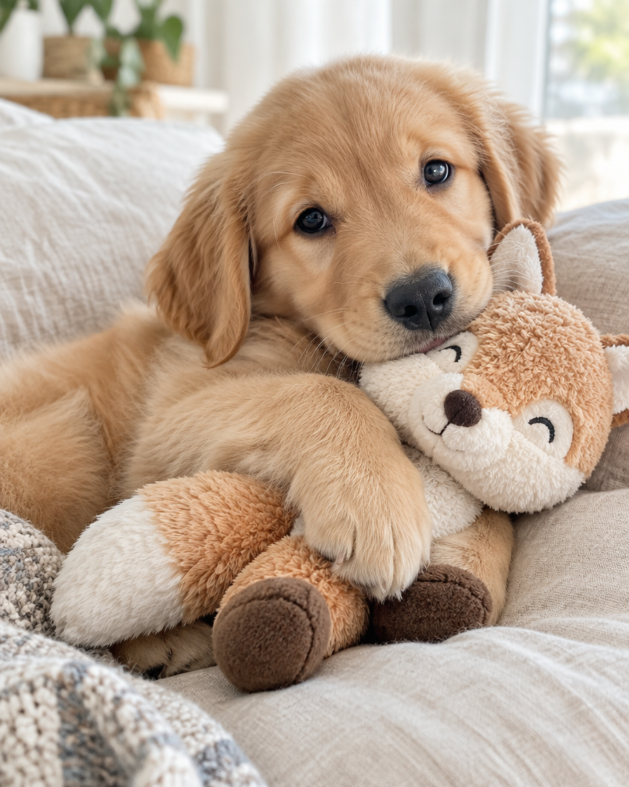 Golden retriever puppy cuddling a soft plush fox