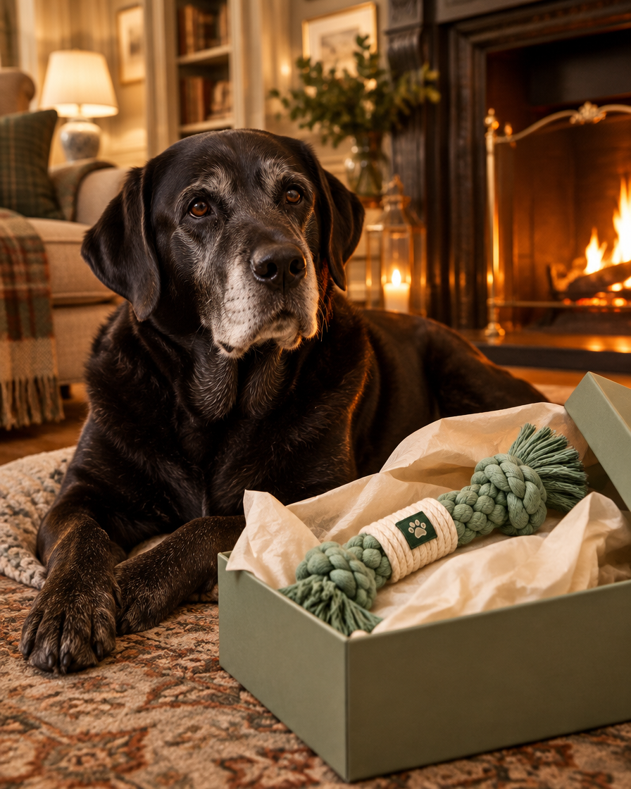 Older labrador by the fire with a Pawori gift box