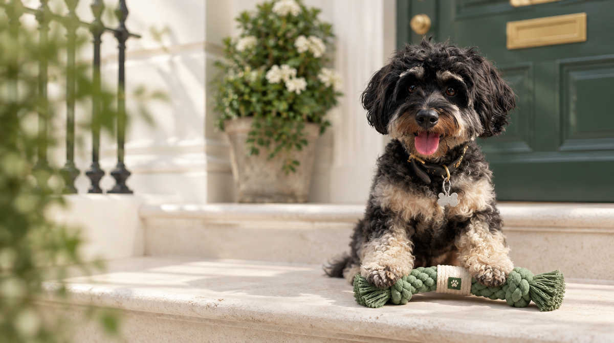 Fluffy poodle-mix with a sage rope toy on the steps of a London townhouse