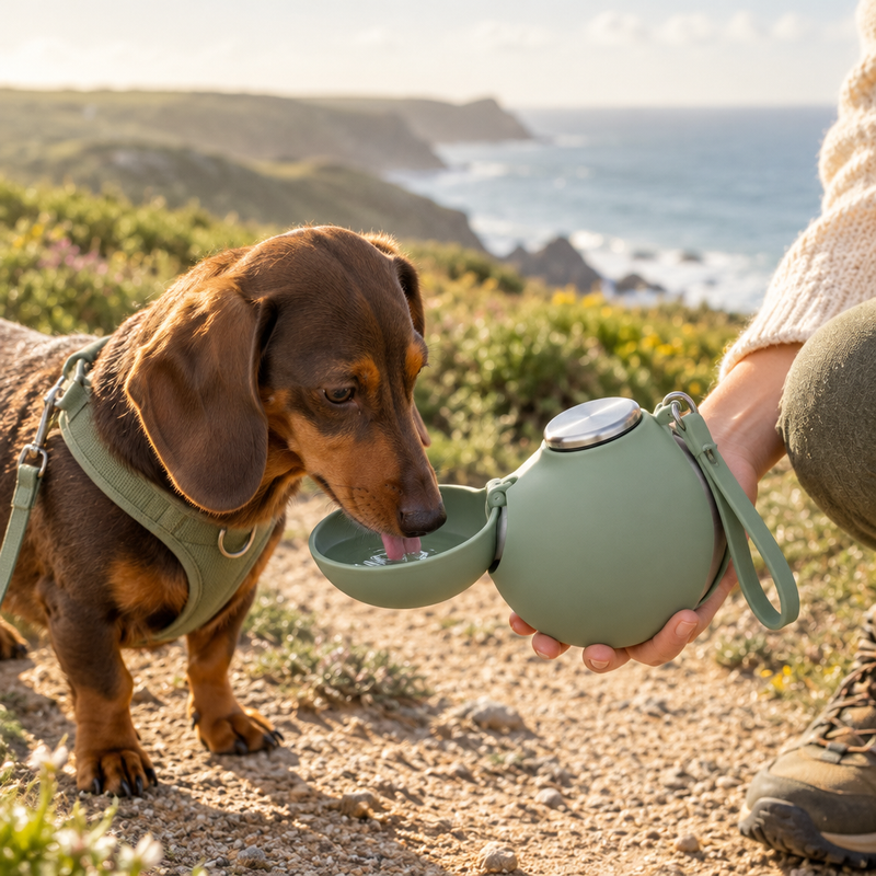 Dachshund drinking from The Pebble Water Bottle on a coastal walk