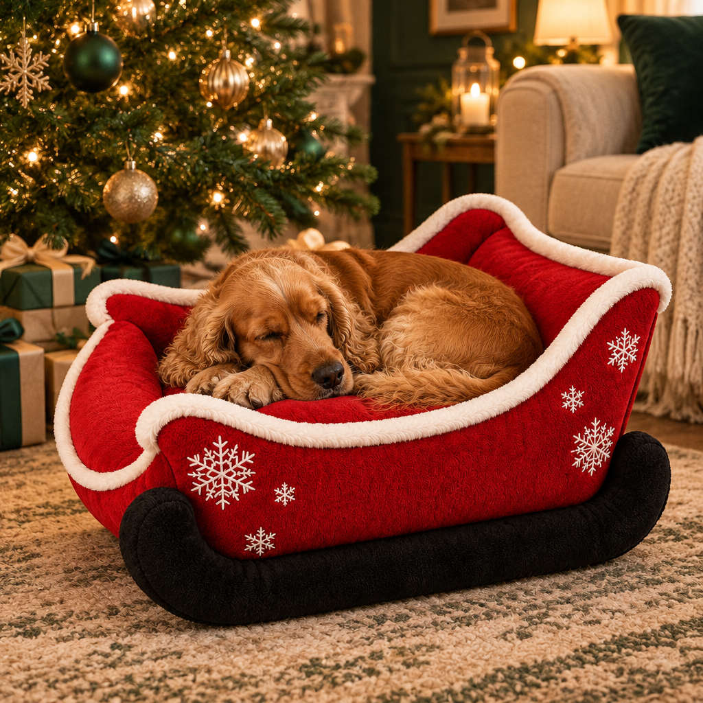 Cocker spaniel asleep in The Sleigh Bed by the Christmas tree