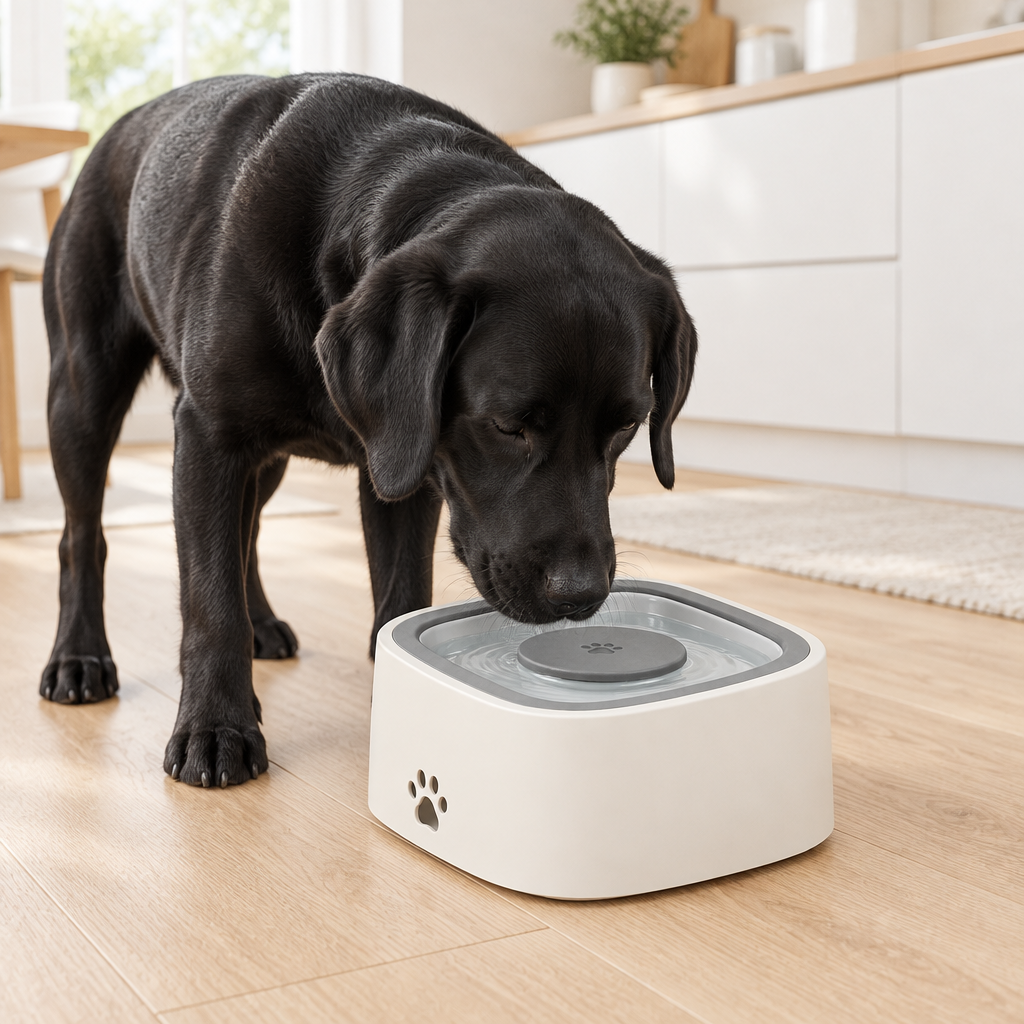 Black labrador drinking from The Still Water Bowl