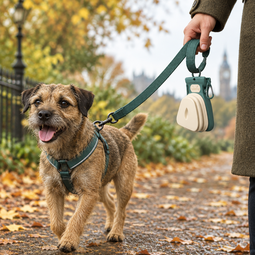 The Tidy Walk Scooper clipped to a lead in a London park