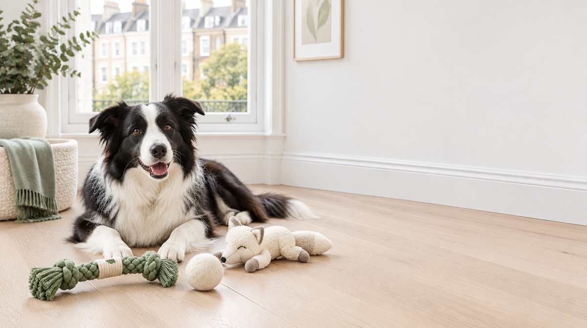 Border collie with Pawori toys in a bright London flat